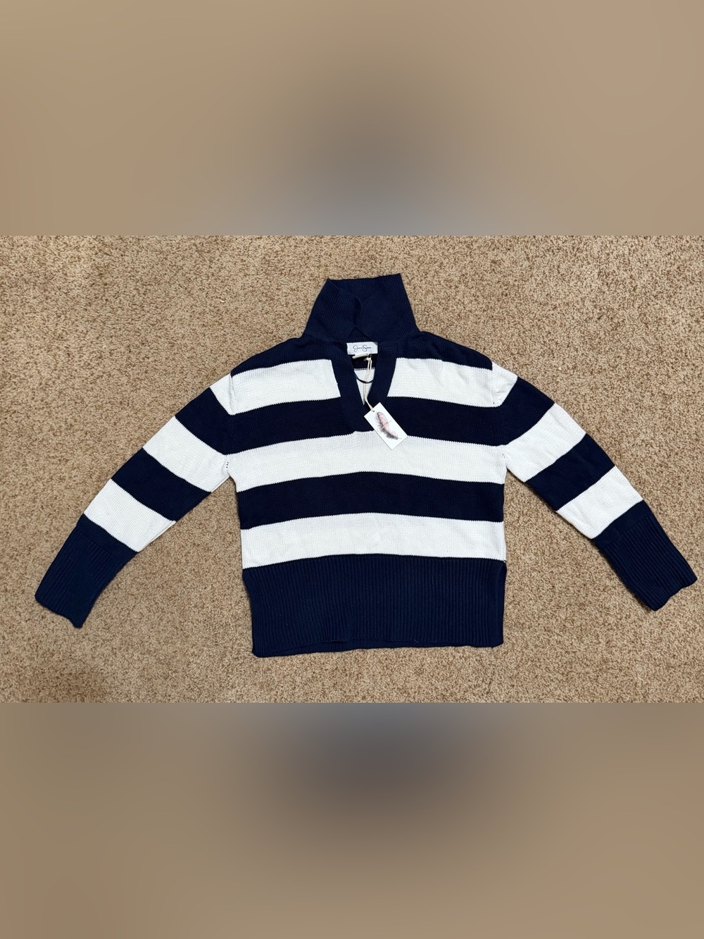 Jessica Simpson Navy and White Striped V‑Neck Sweater